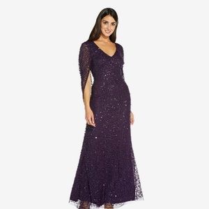 Adrianna Papel Purple Sequins Cape Gown